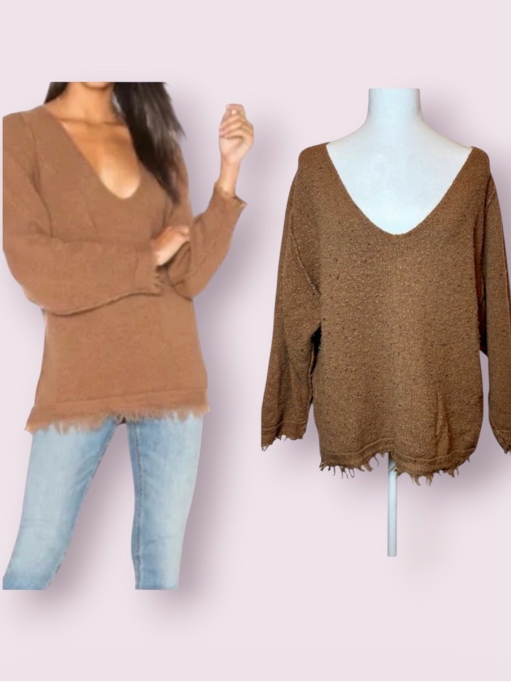 Free People Irresistible Wool Linen Fringe Distressed Sweater Brown Size Large